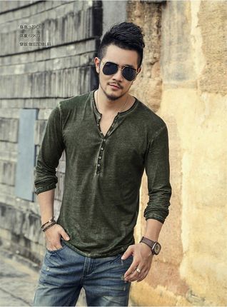 速卖通新款做旧小V领开襟男装休闲长袖亨利衫爆款T恤shirt men。