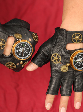欧美蒸汽朋克皮手套齿轮半指手套指南针Leather steampunk gloves