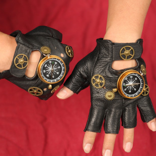 欧美蒸汽朋克皮手套齿轮半指手套指南针Leather gloves steampunk