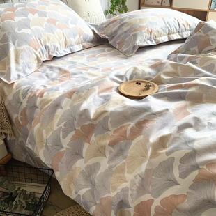 银杏叶田园风100纯棉被套被罩180x200x230床笠四件套全棉床单睡单