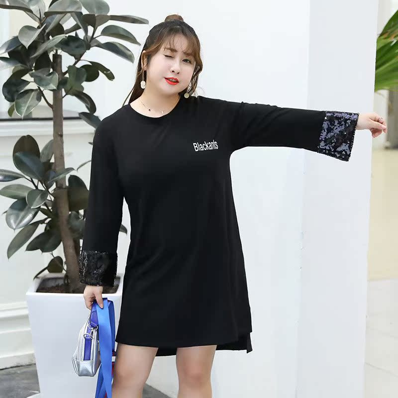 2019春季胖人服饰加大码女装加大加肥珠片袖印花T中长款200斤显瘦