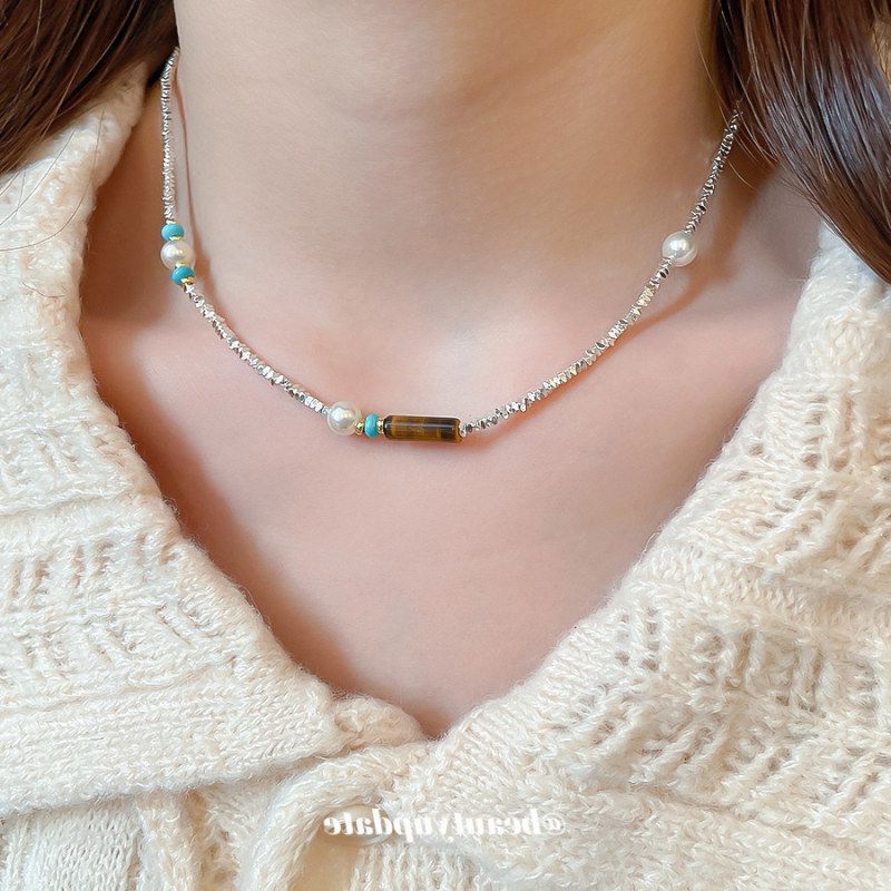 碎银虎眼石串珠珍珠项链民族风