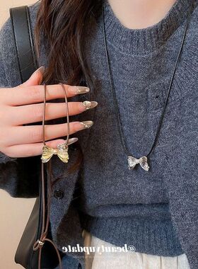 韩系ins蝴蝶结吊坠珍珠项链简约日常百搭毛衣链轻奢气质小众颈链