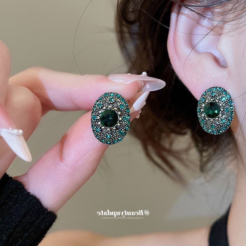 银针镶钻椭圆形复古耳钉气质小