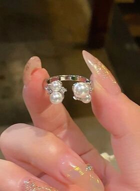 法式镶锆石珍珠花朵开口戒指简约