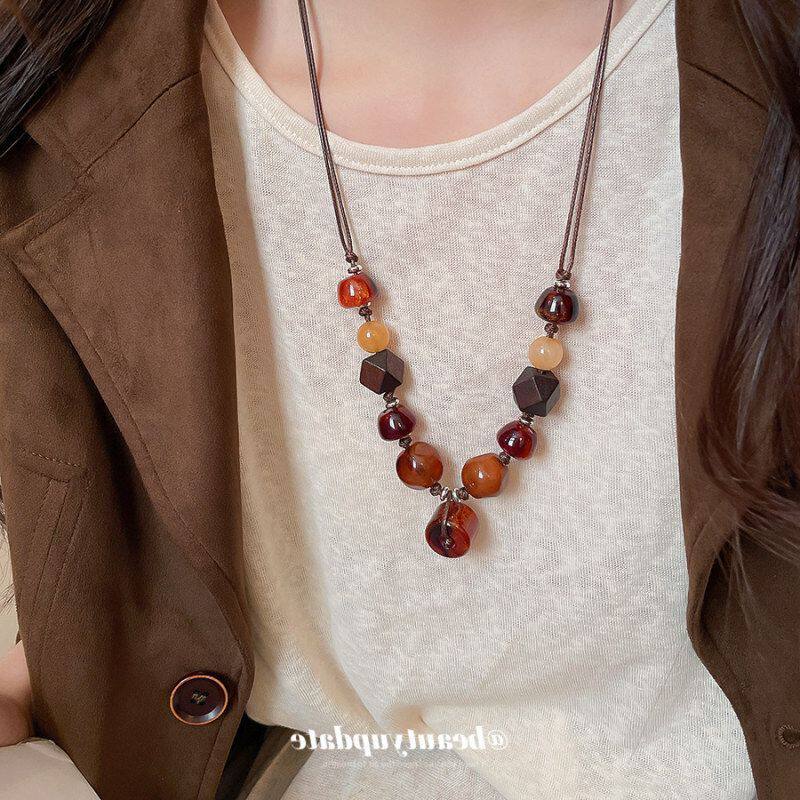 民族风树脂木头串珠项链复古气质轻奢高级感毛衣链设计感小众颈链