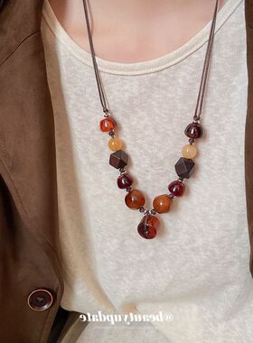 民族风树脂木头串珠项链复古气质