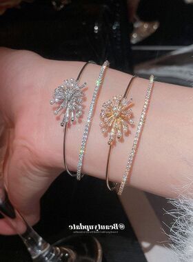 手镯欧美锆石时尚百搭珍珠双层手饰烟花手环女气质高级感轻奢开口