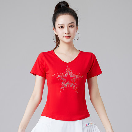新款广场舞服装短袖T恤上衣女夏装跳舞衣服健身运动表演服舞蹈衣