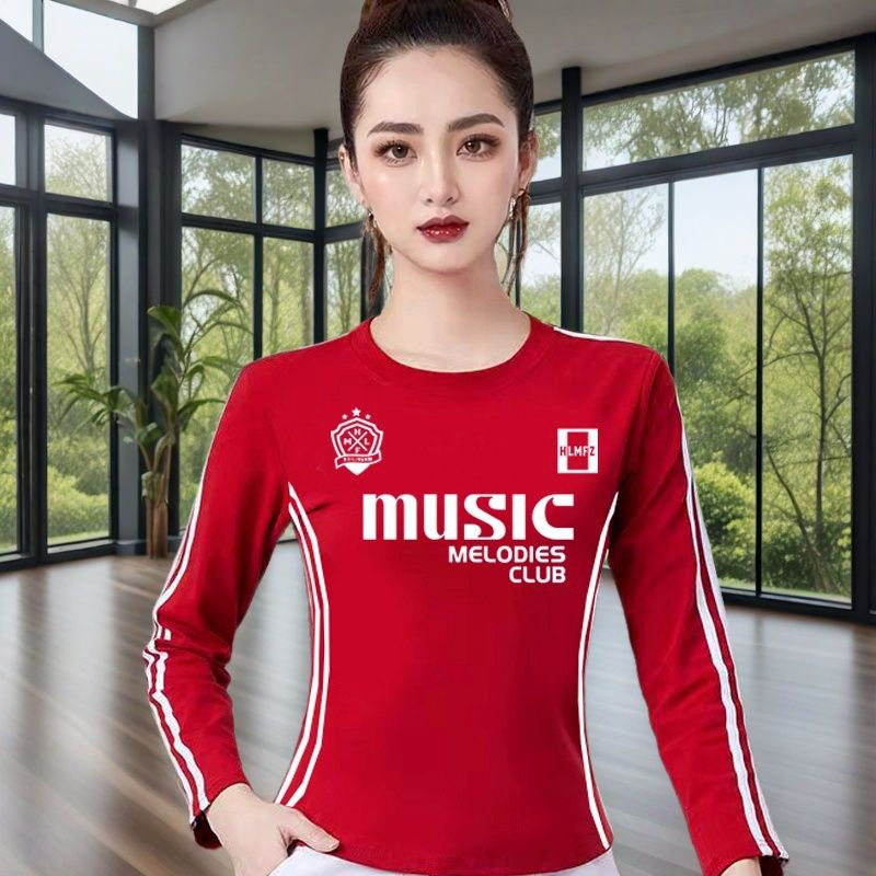 新款广场舞服装春秋季印花条纹圆领长袖上衣运动跑步跳舞蹈衣服棉