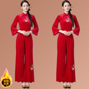 新款广场舞服装套装冬季加绒加厚刺绣复古长袖民族风古典舞蹈衣服