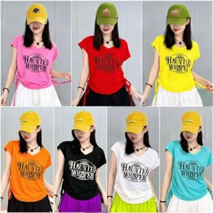 新款广场舞服装宽松爵士街舞弹力抽绳短袖棉跑步运动健身舞蹈上衣