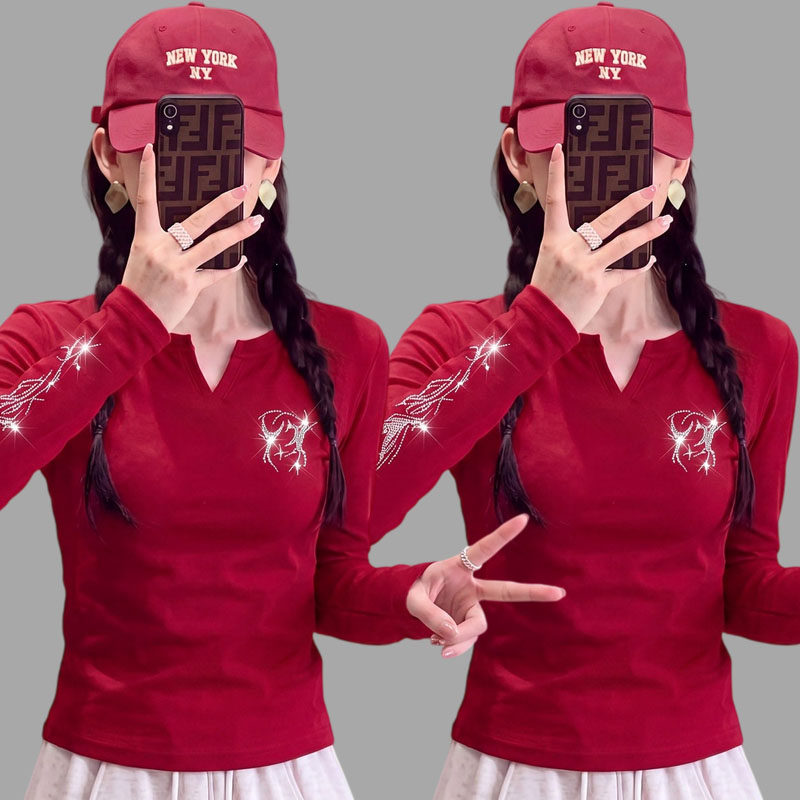 广场舞服装新款潮流烫钻棉百搭打底衫春秋遮肚T恤V领长袖运动舞蹈