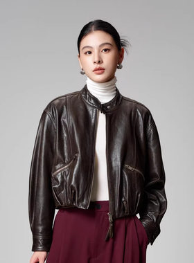 今年流行2026新款油蜡绵羊皮真皮皮衣女短款机车夹克外套