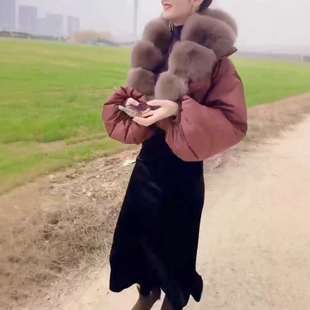 特惠2412232025冬季 棉服外套高腰半身裙女 新款 大毛领灯笼袖