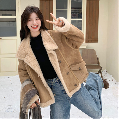 今年流行特惠实拍栗棕色皮毛一体羊羔毛外套2025新款氛围感加绒