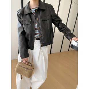 今年流行特惠司南 早春新款 美式复古PU皮翻领休闲短款皮衣夹克