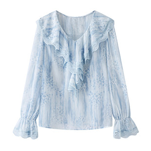 今年流行特惠法式荷叶边v领衬衫女2026春季新款蕾丝正肩豹纹印花