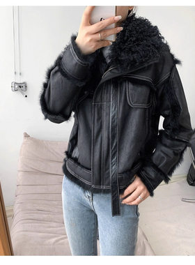 今年流行【都市野行】兔毛皮毛一体外套女短款机车服海宁皮草