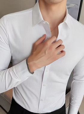 高弹力男士连体衬衫长袖白色连档衬衣职业工作装跳舞舞蹈表演连档