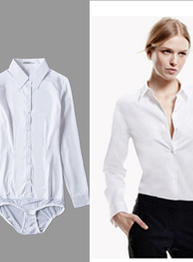 轻奢面试连裤衬衫通勤弹力舒适白色长袖女中袖职业工装连体衬衣纯