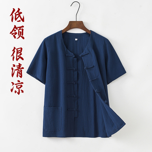中国风唐装男士棉麻短袖衬衫中式复古男装汉服低领休闲爸爸装夏款