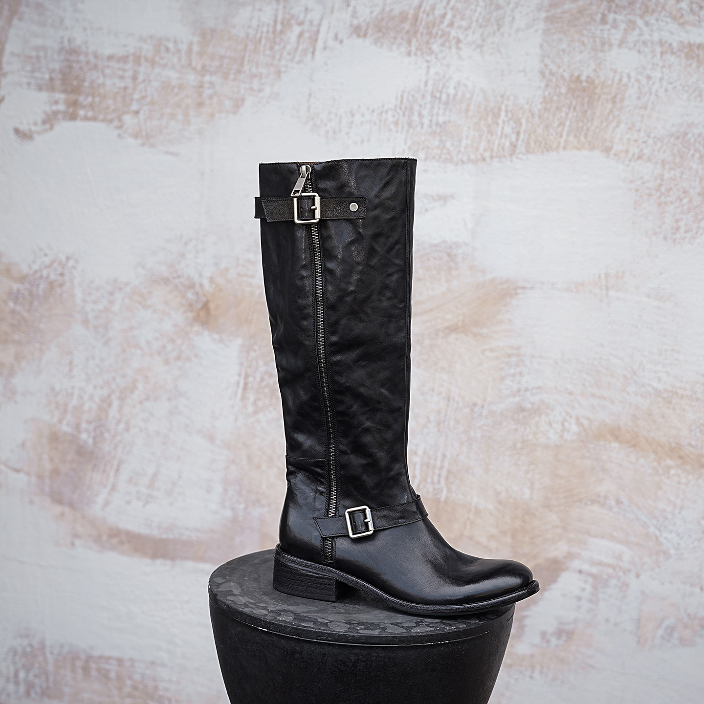 青Cing2025秋冬新款黑色长靴女士高筒骑士靴全真皮侧拉链圆头靴子