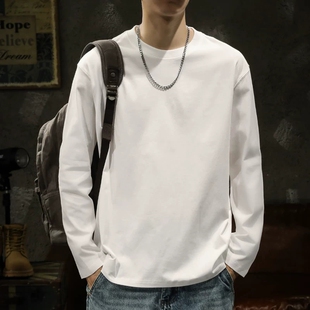 重磅纯棉白色长袖 2026春秋宽松百搭青少年休闲内搭上衣 T恤男女款