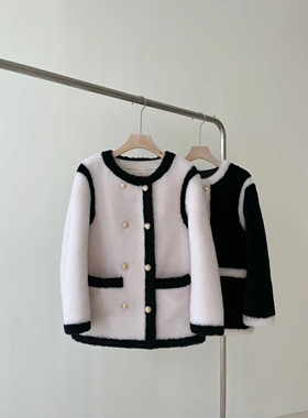 22冬新款小香风撞色羊羔毛皮一体新品颗粒绒皮草外套女年轻羊剪绒