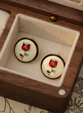 XKDDCT复古黑色滴釉玫瑰花耳夹轻奢气质高级感时尚耳环耳饰无耳洞