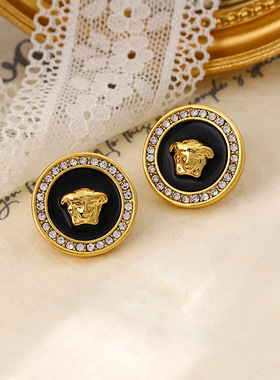 XKDDCT新款黑色珐琅圆形微镶锆石银针耳钉个性百搭简约耳饰品欧美