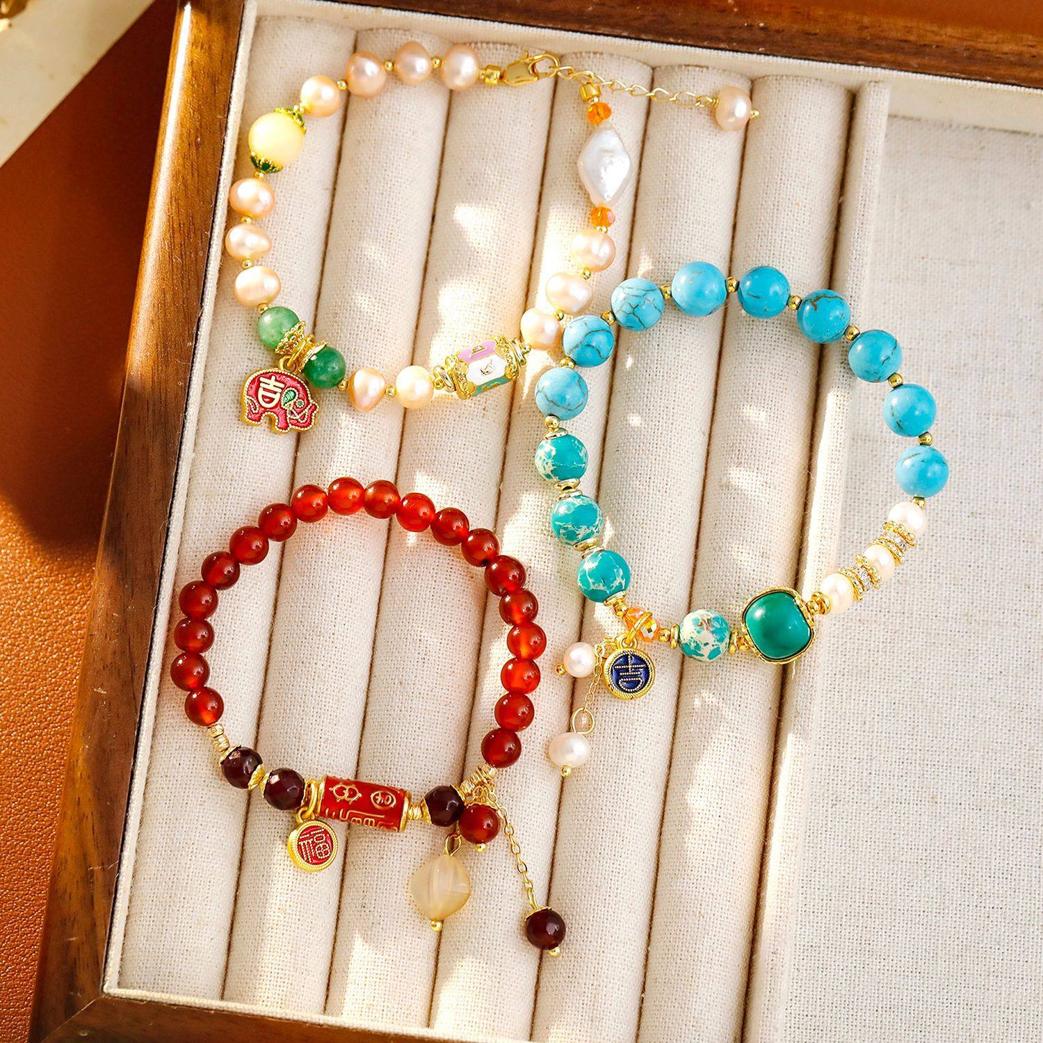 XKDDCT吉祥小象巴洛克珍珠手链红玛瑙绿松石串珠手饰新中式国潮风