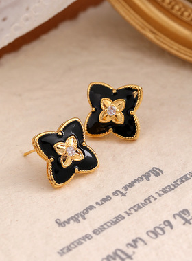 XKDDCT复古四叶朵滴油黑色耳环女高级感气质耳钉时尚小众设计感耳