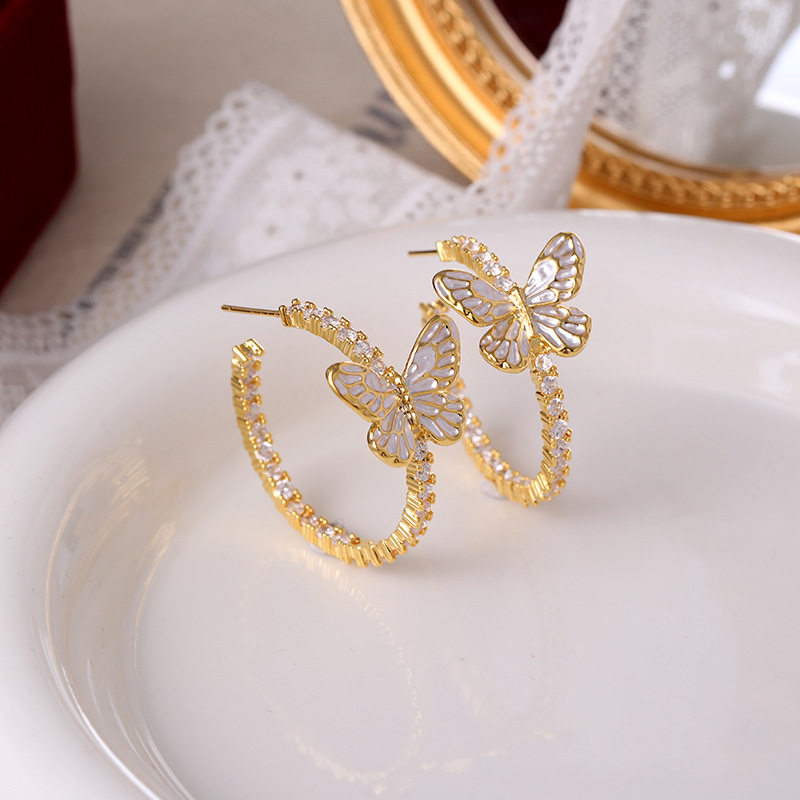 XKDDCT精致新中式蝴蝶镶锆石耳圈饰品耳环高级感大圆圈银针耳钉女