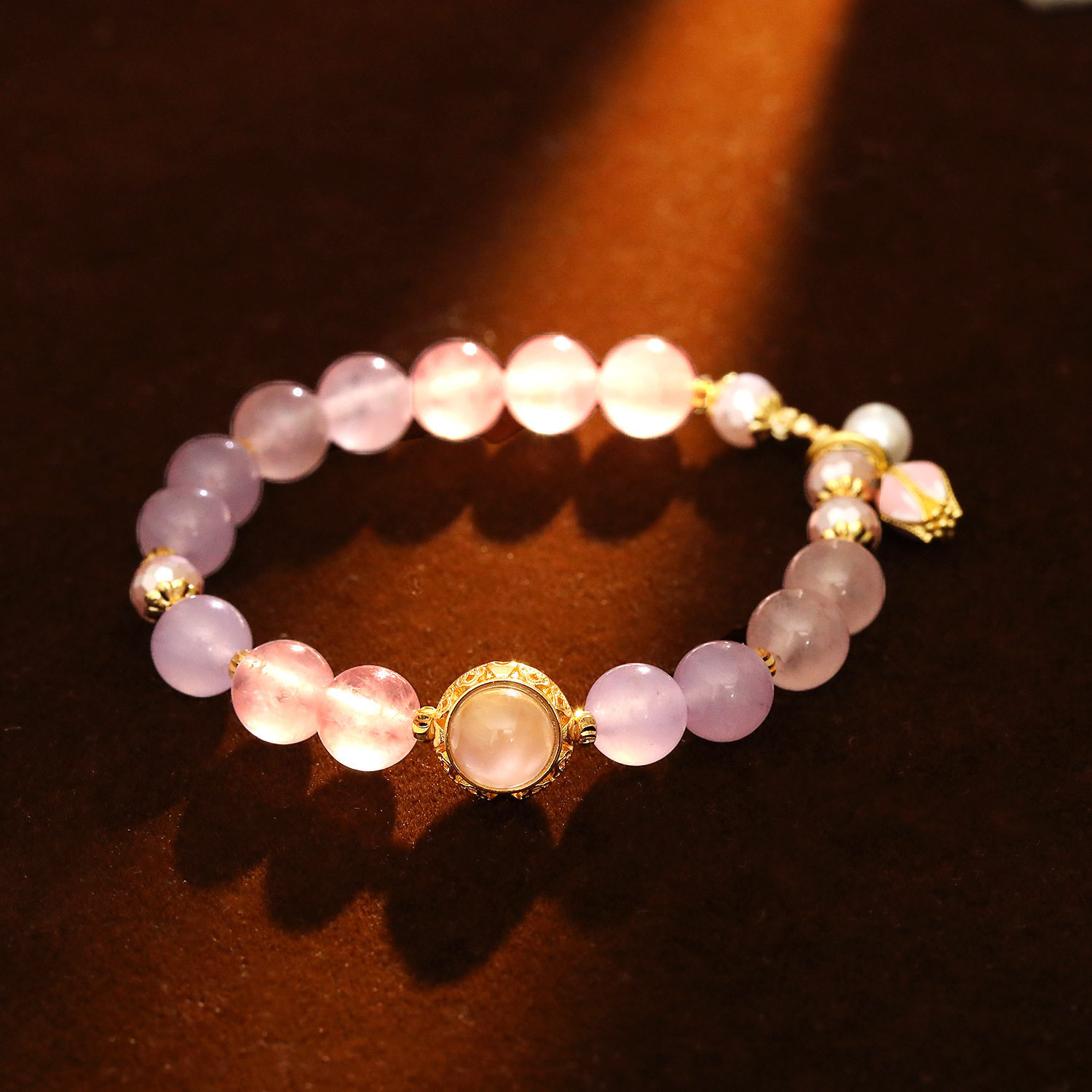 XKDDCT天然粉晶手链芙蓉石手串珍珠搭配金招桃花粉水晶网红直播爆