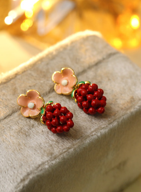 XKDDCT水果夏日轻奢甜美耳环紫色小葡萄珐琅滴釉耳钉高级感银针耳