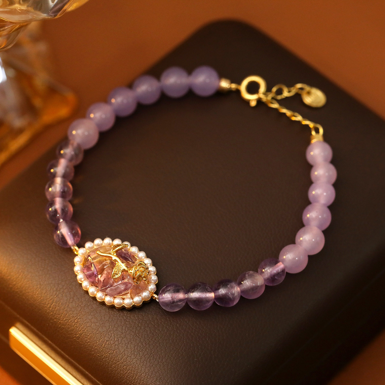 XKDDCT天然水晶手链女浪漫优雅薰衣草紫水晶原创珍珠玫瑰手串送闺