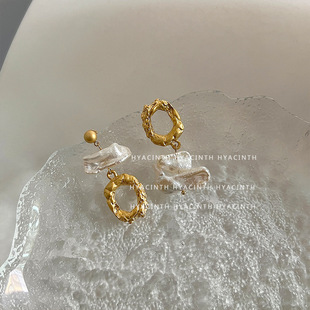 XKDDCT韩国时尚AB两戴天然淡水珍珠耳钉不规则小众设计感银针复古