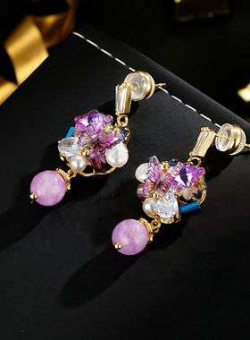 XKDDCT紫色晶晶蝴蝶吊坠耳环小众设计轻奢风高级感气质百搭耳饰D