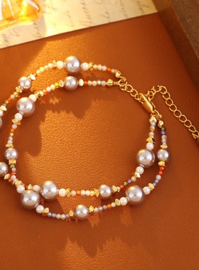 XKDDCT双层叠戴曼塔玫瑰色珍珠手