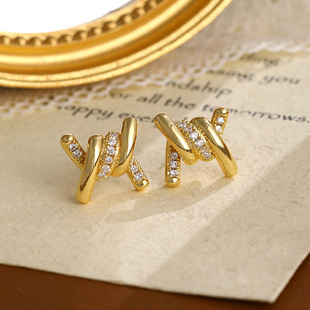 XKDDCT银针精致麻花耳环高级感锆石耳钉小众耳饰方圆脸女全新铜Q