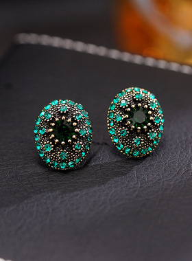 XKDDCT欧美风绿色椭圆手工满镶百搭耳钉法式浪漫几何高档耳饰7jx