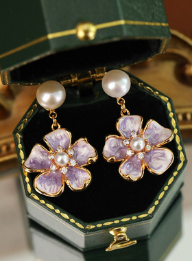 XKDDCT新款复古紫色珐琅滴釉花朵耳钉巴洛克天然淡水珍珠耳环显瘦