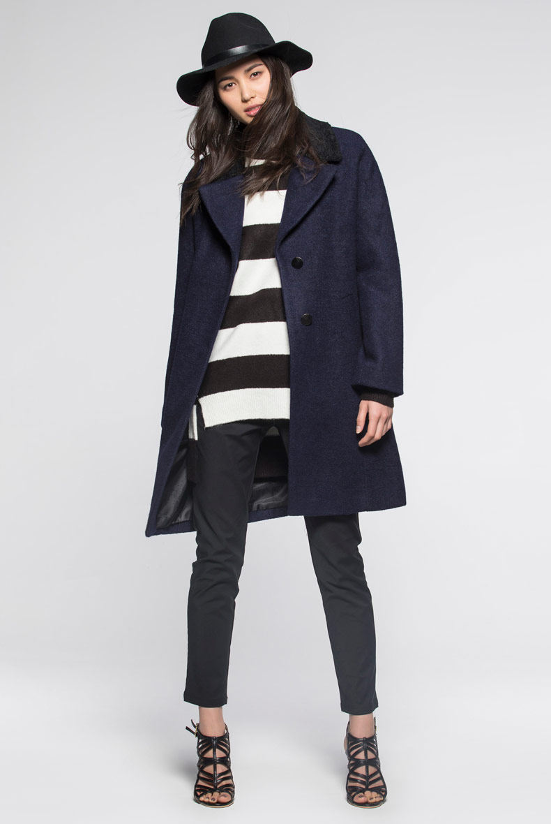 艾ag格品牌正品藏青色 中长款大翻领脱卸内胆羊毛大衣150134206