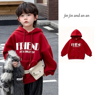 男童红色连帽卫衣2025新款韩版字母印花加绒保暖上衣