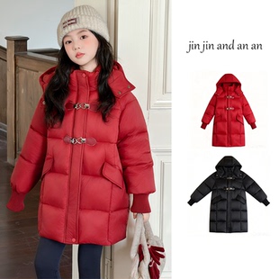 女童连帽中长款棉服冬季加厚保暖牛角扣外套洋气棉衣