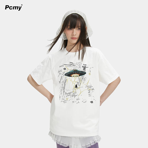 PCMY复古科幻风飞碟印花T恤夏季