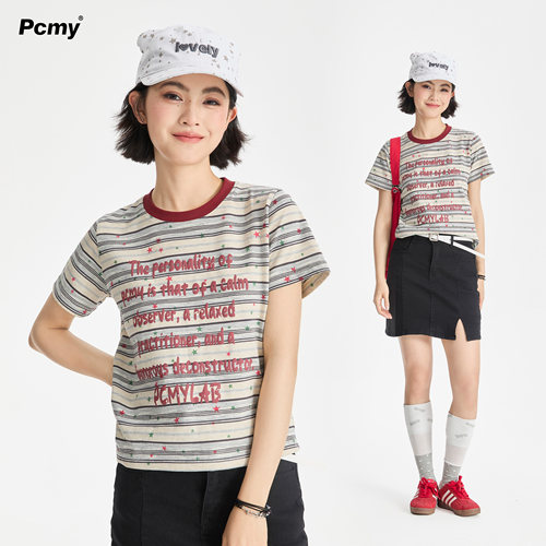 PCMY做旧发泡字母短款满印T恤女