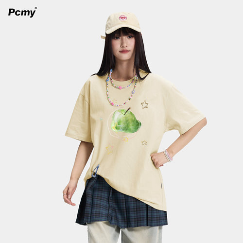 PCMY晕染青苹果印花纯棉T恤宽松