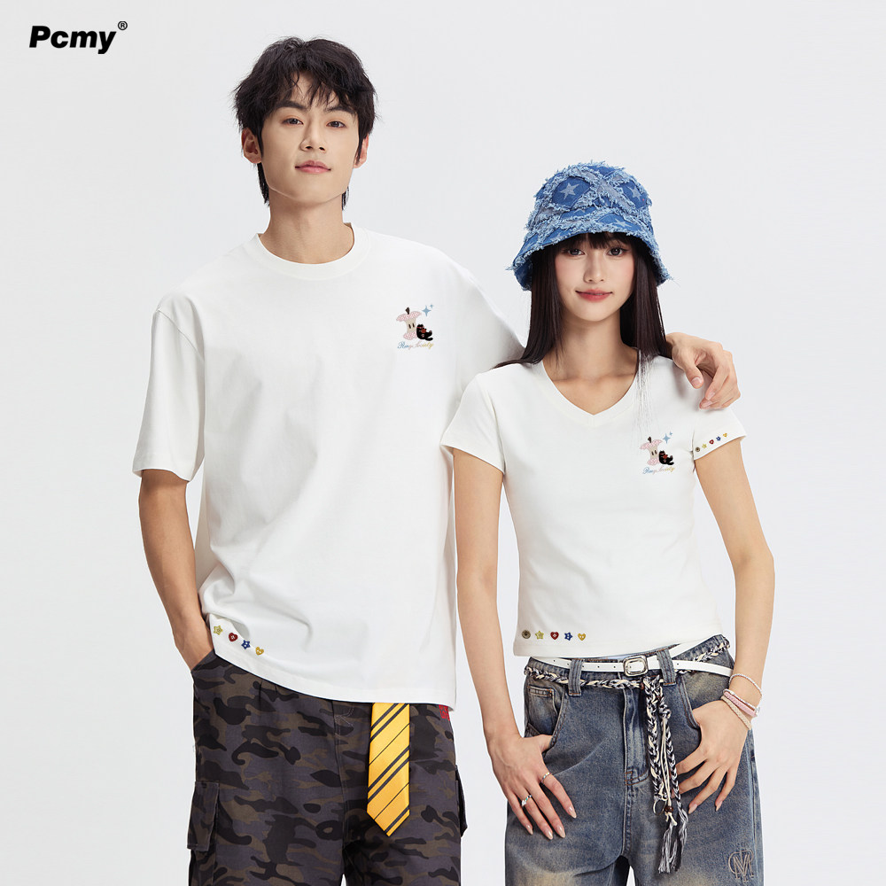 PCMY情侣装一男一女夏季2026新款正肩V领显瘦短款t恤宽松圆领短袖